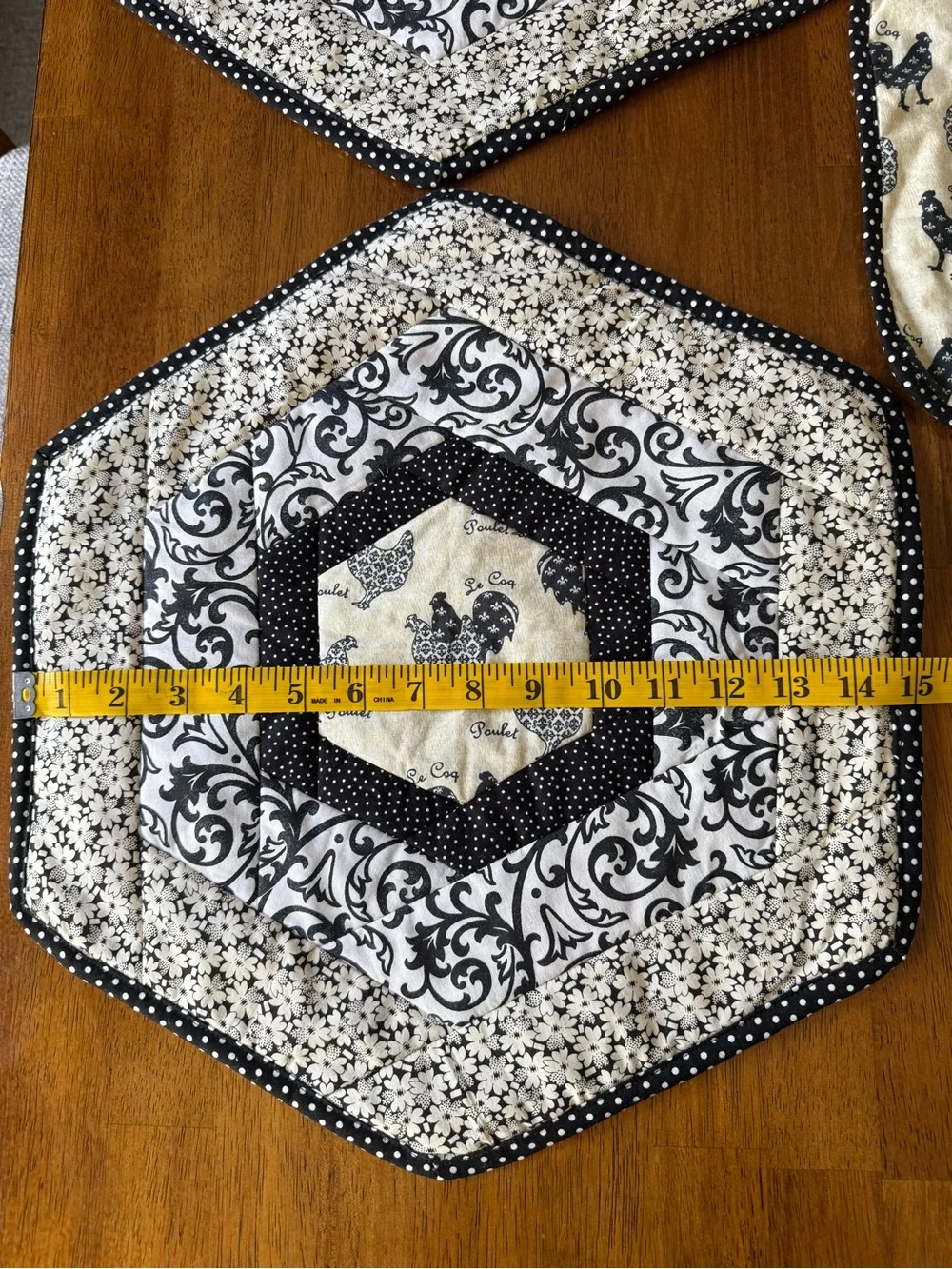 Vintage black white Quilted Chicken Print fabric Table place Mats (set of 3)
